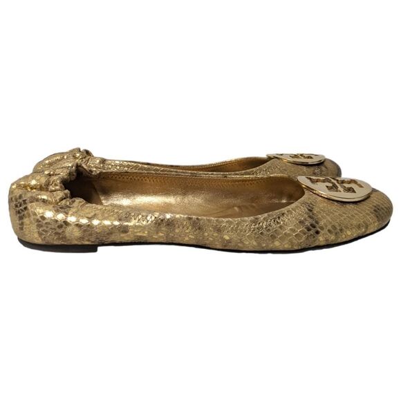 TORY BURCH Reva Gold Snakeskin Print Leather Ballet Flats 11 - Picture 3 of 11